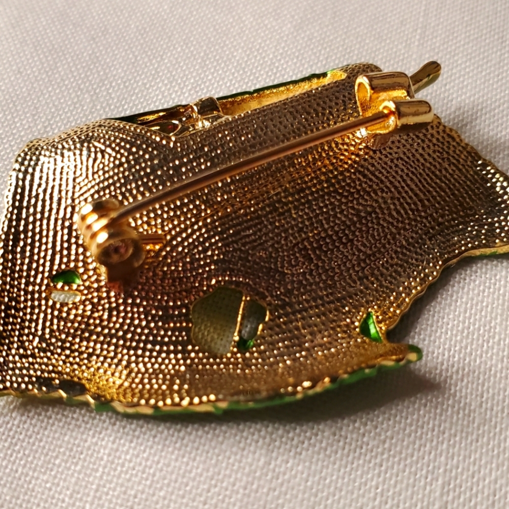 Green Leaf Rhinestone Ruby Silkworm Gold Toned Br… - image 7